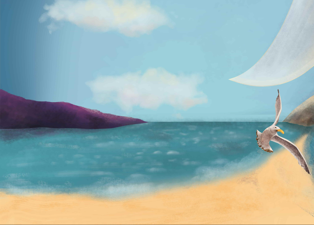 ilustracion del libro 2 de saga leo quiere ser feliz, leo con alegría. Se ve una playa con arenas similares al desierto con una gaviota volante debajo de lo que parece una cortina, la vista de la playa es desde una ventana.